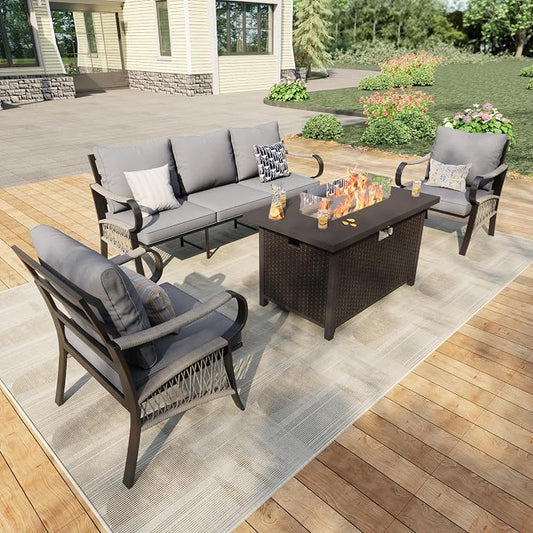 4 Pieces Patio Furniture Set, Metal Outdoor Conversation Sets with Fire Pit Table for Backyard Garden Deck Porch Poolside (Thick Gray Cushions)