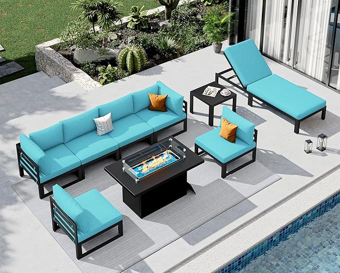 NICESOUL 9 Pcs Oversized Modern Aluminum Patio Furniture Set, All Weather Modular Sectional Sofa with Lounge Chair & Fireplace, 500 lbs Heavy Duty Comfortable Outdoor Couch for Poolside Backyard, Teal