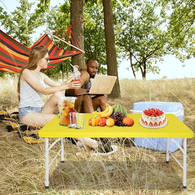 Anwick 4 Foot Folding Table Portable Fold-in-Half Plastic Picnic Table w/Handle and Steel Legs for Indoor, Outdoor, Camping, Party, Garden (Yellow, 4ft)