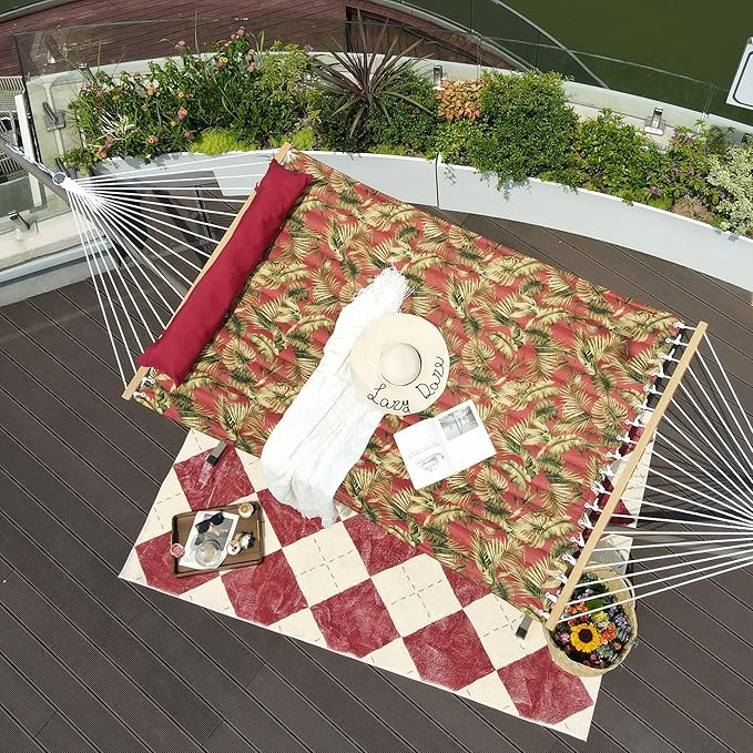 Lazy Daze Hammocks 12FT Quilted Fabric Hammock with Soft Pillow, Double 2 Person Tree Hammock with Spreader Bar for Outside Patio Poolside Backyard Beach, 450 lbs Capacity, Red Leaf