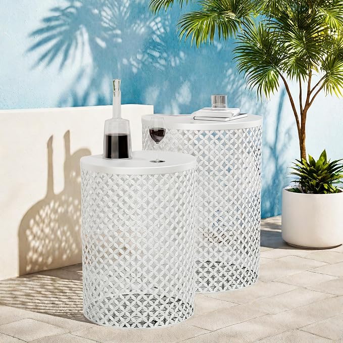 FONTOI Outdoor Side Table Set of 2, Round Patio Accent Table, Metal Frame End Table for Indoor Outdoor, Modern Decorative Garden Stool Nesting Side Table for Cafes, Patio Balconies, White