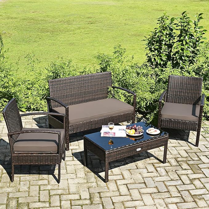 Tangkula 4-PCS Wicker Patio Conversation Furniture Set, Outdoor Rattan Chair and Table Set, Patio Furniture Sets with Coffee Table & Washable Cushions for Courtyard Balcony Garden (1, Brown)