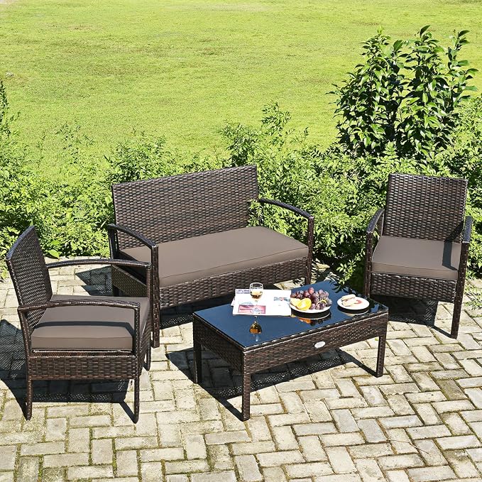Outdoor Conversation Set 4 Pieces Patio Furniture, Wicker Patio Chair Sofa Set with Water-Resistant Dark-Brown Cushion & Tempered Glass Table for Backyard, Balcony, Porch(Brown)