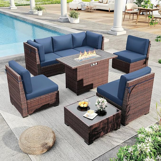 Outdoor Patio Furniture Set with 44" Fire Pit Table 8 Pieces Rattan Patio Sectional Sofa Conversation Set w/55000 BTU Propane Gas Fire Pit, Coffee Table, 2 Waterproof Covers, Blue