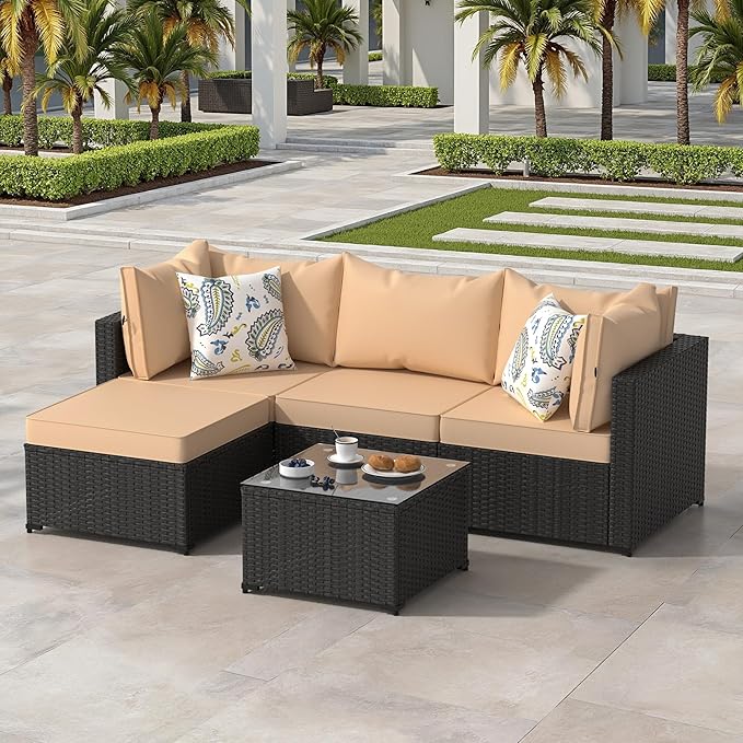 Patio Furniture Set, 5PCS Patio Sectional with Ottoman Wicker Rattan Outdoor Furniture with Thickened Cushion Modular Wicker Patio Conversation Set with Glass Top Table for Balcony, Backyard (Khaki)