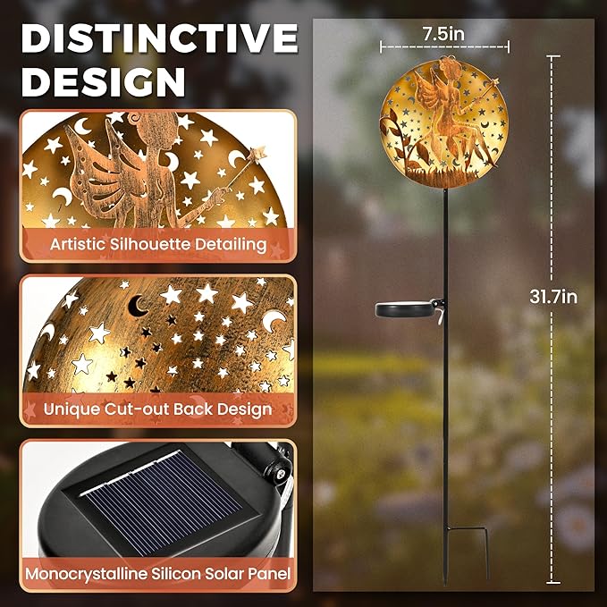 Solar Fairy Garden Lights, Metal Fairy Sculpture Pathway Stakes, Waterproof Outdoor Decorative Lights for Yard Art Patio Garden Porch, Gifts for Women Mom, 1 Pack