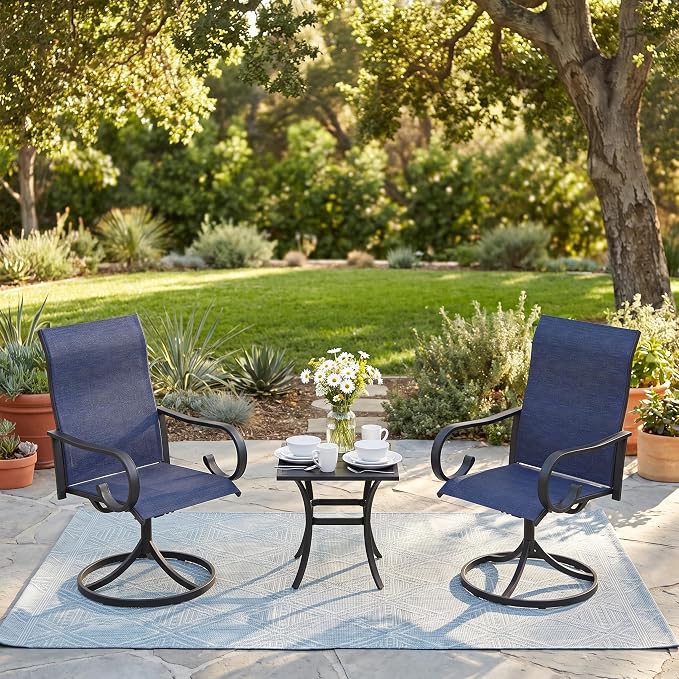 3 Pieces Patio Dining Set, 2 Outdoor Swivel Dining Chairs with 18.1" Square Outdoor Dining Table, All Weather Textilene Patio Chairs and Metal Table for Garden Backyard, Dark Blue & Black