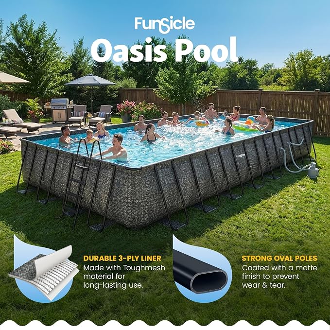 Funsicle Oasis Designer 32' x 16' x 52" Rectangular Above Ground Swimming Pool Set with Sand Filter Pump, Ladder & Maintenance Kit – Easy Setup for Backyard Fun
