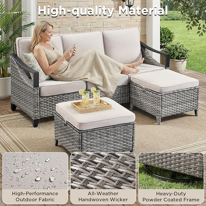 3 Pieces Wicker Patio Furniture Set-High Back Swivel Patio Chairs Set of 2 with Rattan Side Table, PE Wicker Outdoor Patio Furniture Sets with Covered Cushions for Porch Deck Garden Grey/Beige