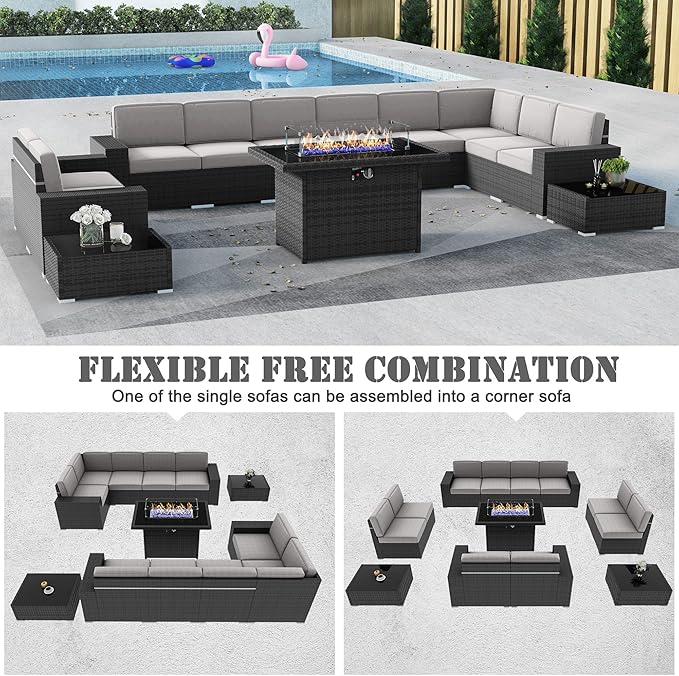 13 Pieces Patio Furniture Set with 44" Propane Gas Fire Pit Table, Outdoor Sectional Wicker Conversation Sofa Sets with Coffee Table