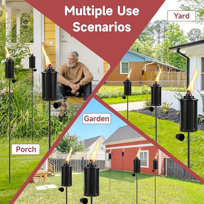 Citronella Torches Set of 4, 16 oz Garden Torches for Outside, 3-Prong Grounded Stake Outdoor Torches, 58 inch Outdoor Decorative Lantern, Black