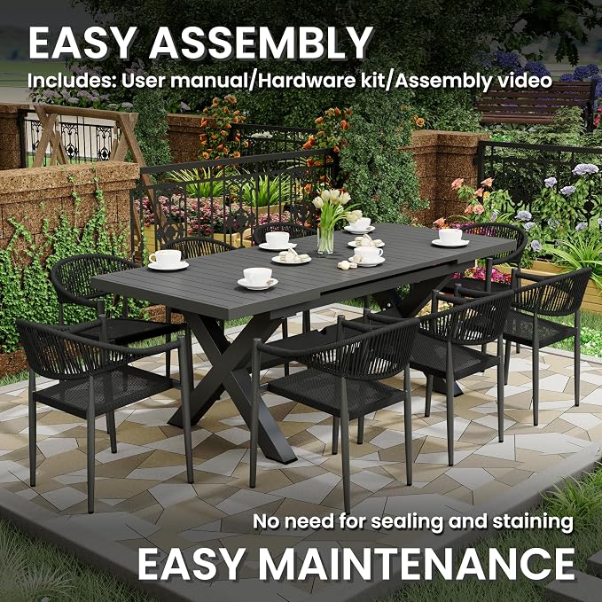 Extendable Patio Dining Table for 6-8: 63''-83'' Rectangle Aluminum Table, Umbrella Hole, Slatted Tabletop, Metal Sturdy X-Trestle Base for Outdoor Meals Garden Deck Yard Gathering Party - Gray