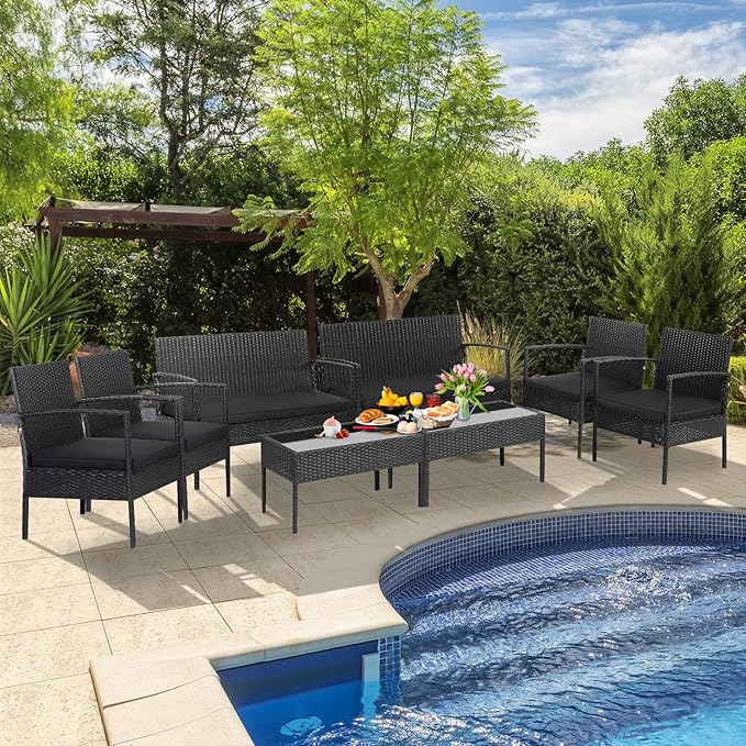 Tangkula 8 Piece Patio Rattan Conversation Set, Outdoor Wicker Furniture with Glass Coffee Table, Solid Steel Structure, Ergonomic Seat, Suitable for Garden, Courtyard, Balcony, Poolside