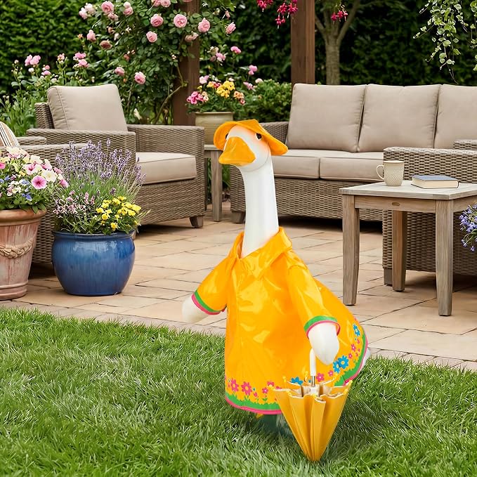 Raincoat Goose Outfits Porch Goose Spring Outfit Goose Printed Raincoat Clothes with Umbrella Hat Fits 23" Geese Statue for Spring Summer Garden Lawn Patio Yard Outdoor Decor (Yellow)