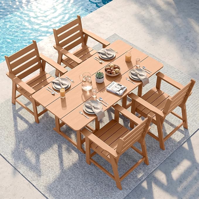 5-Piece Dining Set, HDPE Table & 4 Chairs,Cedar | HDPE Dining Set: 69.1" Table + 4 Chairs, 380 lbs, 304 Stainless, All-Weather, No Rust No Crack, Outdoor Patio Garden
