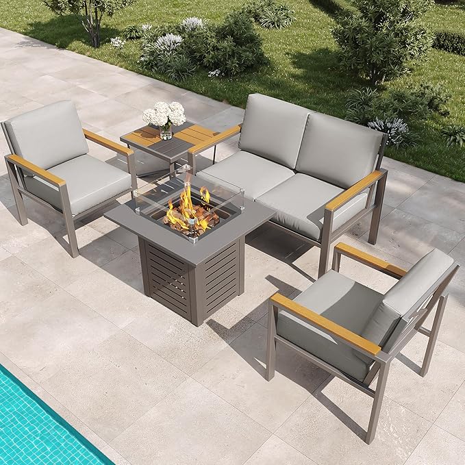 5-Piece Patio Furniture Set with 28” Propane Fire Pit Table, Heavy-Duty Metal Outdoor Conversation Set with Deep Cushions & Wood-Like Armrests for Patio, Porch, Backyard, Garden – Grey