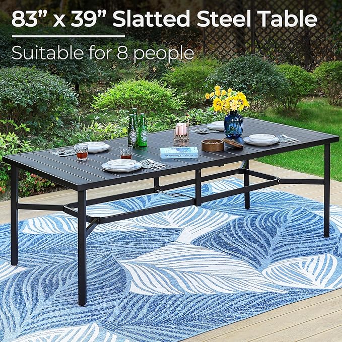 PHI VILLA 9 Pieces Outdoor Dining Set for 8, Large Rectangle Metal Dining Table with Umbrella Hole & Cushioned Wicker Chairs, Outdoor Furniture Set for Patio, Deck, Yard, Porch