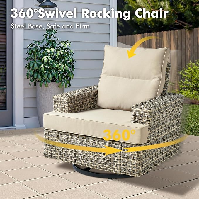 Weaxty 10 Pieces Outdoor Patio Furniture Set with Swivel Rocking Chair, Outdoor Sectional Sofa Couch Wicker Modular Patio Conversation Set w/42 Fire Pit and Coffee Side Table,Beige