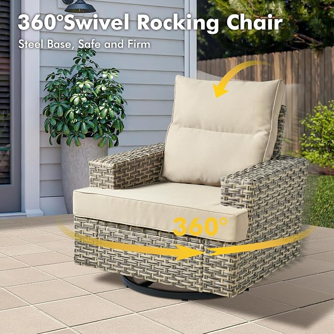 Weaxty 9 Pieces Wide Seats Outdoor Furniture Set, Sectional Couch Swivel Rocking Chair Ottoman Fire Pit Table, Thick Cushion All-Weather Rattan Patio Conversation Sets for Backyard Deck, Beige
