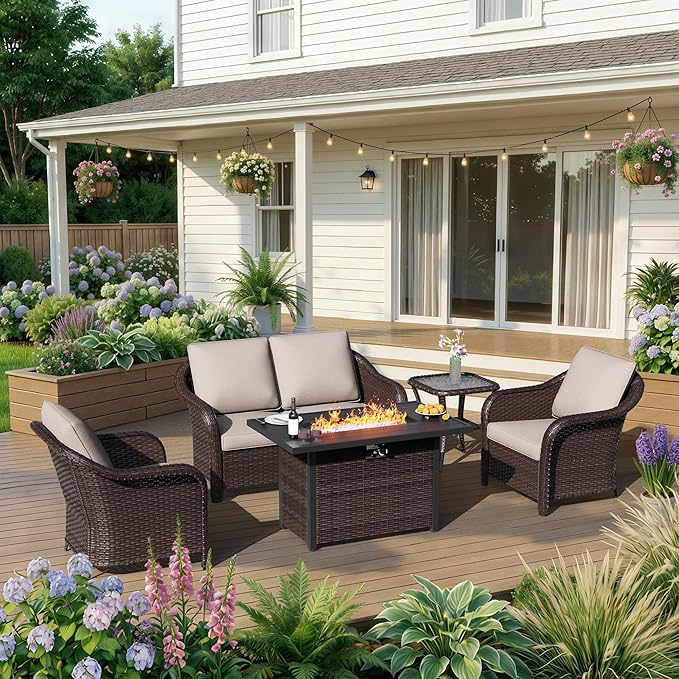 5 Piece Patio Wicker Conversation Set, All-Weather Use Outdoor Wicker Loveseat with 2 PE Rattan Ottomans,2 Chair, 1 Side Table, Ideal for Porch, Backyard, Balcony, Poolside, Beige