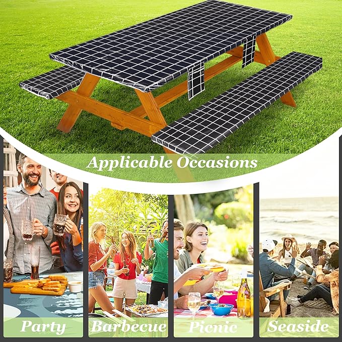 Picnic Table Cover with Bench Covers Vinyl Elastic Edges Fitted Rectangle Seat Tables Waterproof 3-Piece72X30in Set Outdoor Rectangular Folding Backing Tablecloth for Camping Over Size