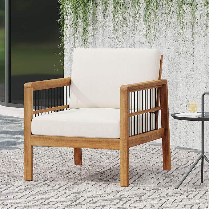 Merax Outdoor Patio Club Chair,Acacia Wood Frame Conversation Set with Wicker for Porch Backyard,Classic Style