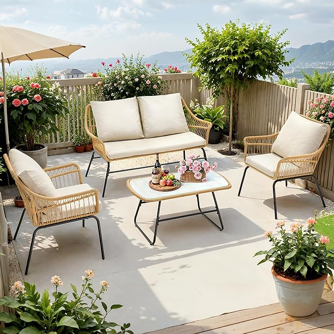 ONBRILL 4-Piece Patio Wicker Loveseat Sets, Boho Patio Furniture Set, Galvanized Iron Frame, Thickened Weather-Resistant Olefin Cushions, Tempered Glass Top, UV-Proof, Beige