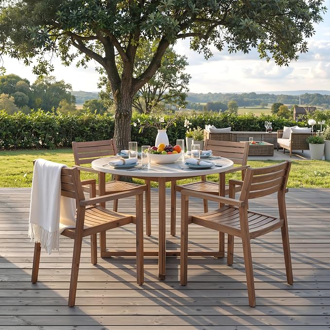 5-Piece Outdoor Dining Set with 4 Acacia Wood Chairs,47.2" Round Dining Table with Umbrella Hole, Ideal for Patios, Gardens, Poolsides, and Lawn Areas & Indoor, Light Brown