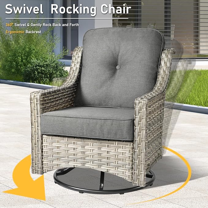 HOOOWOOO 3 Piece Patio Furniture Bistro Sets,Outdoor Wicker Swivel Rocking Chairs with Table Set,All Weather Resistant High Back Rattan Conversation Set(Dark Grey Gray)