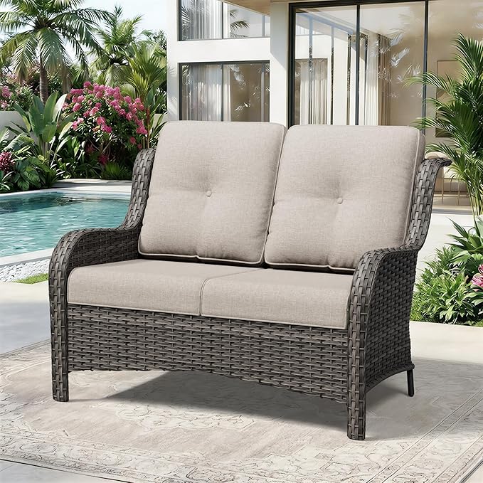 Wicker Patio Loveseat, 2 Seat Outdoor Couch with Thickened Olefin Cushions, High Back and Deep Seating, Hand-Woven PE Rattan for Porch, Deck, Balcony