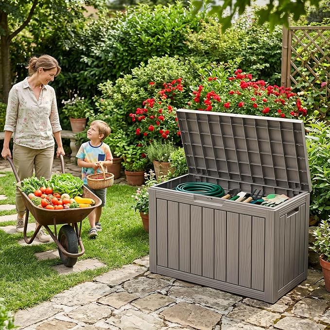 DRATO 50 Gallon Outdoor Storage Box Waterproof, Lockable Resin Deck Box for Patio Furniture, Pool Supplies & Garden Tools, Weatherproof Outside Storage Bin for Backyard Porch (Grey, 50 Gallon)