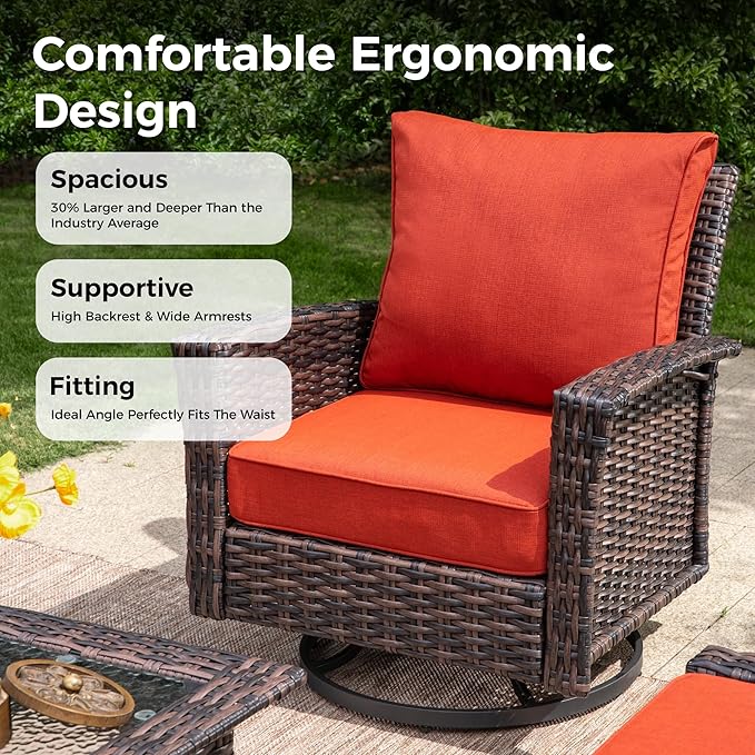 5-Piece Wicker Patio Furniture Set, High Back Outdoor Swivel Chairs with Comfy Ottoman, 5.5-inch Thick Cushion, All-Weather Wicker Patio Conversation Set for Deck Yard Pool, Red