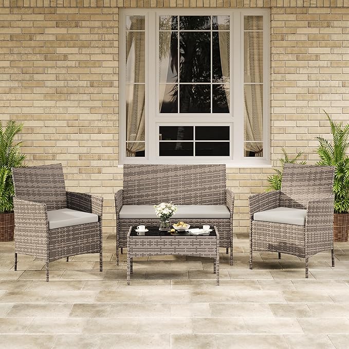4-Piece Outdoor Furniture Set, PE Rattan Wicker Chairs with Soft Cushions & Tempered Glass Coffee Table - All-Weather Patio Set for Garden, Backyard, Porch, Poolside (Gray/Light Gray)