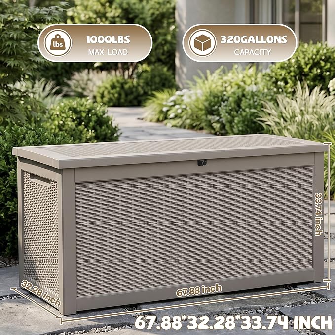 EasyUp 320 Gallon Deck Box, Large Deck Box for Indoor and Outdoor,Waterproof Storage Boxs for Patio Furniture,Garden Tools,Cushions, Lockable and UV Resistant,Easy to Install(Grey)