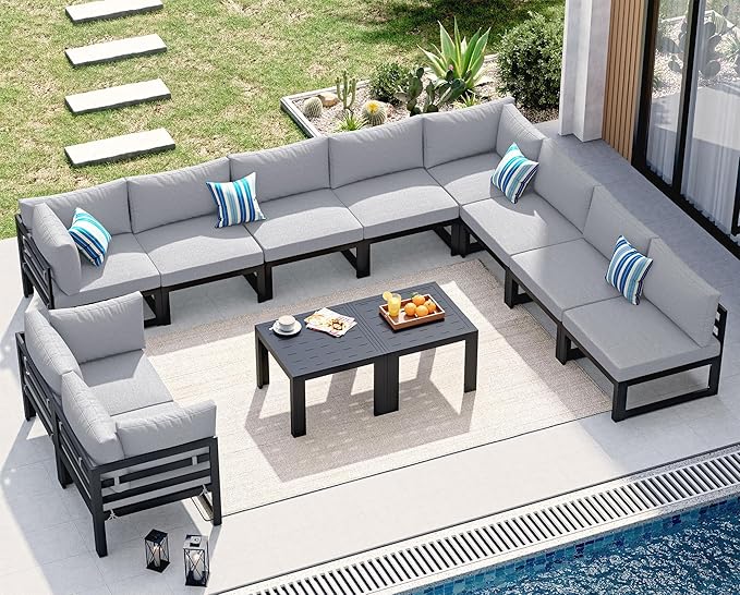 NICESOUL Large Luxury Aluminum Outdoor Sectional Sofa with Side Table, Weather Resistant Modular Patio Furniture Set for 10 People, 500 lbs Heavy Duty Conversation Couch for Poolside Lawn, Light Grey