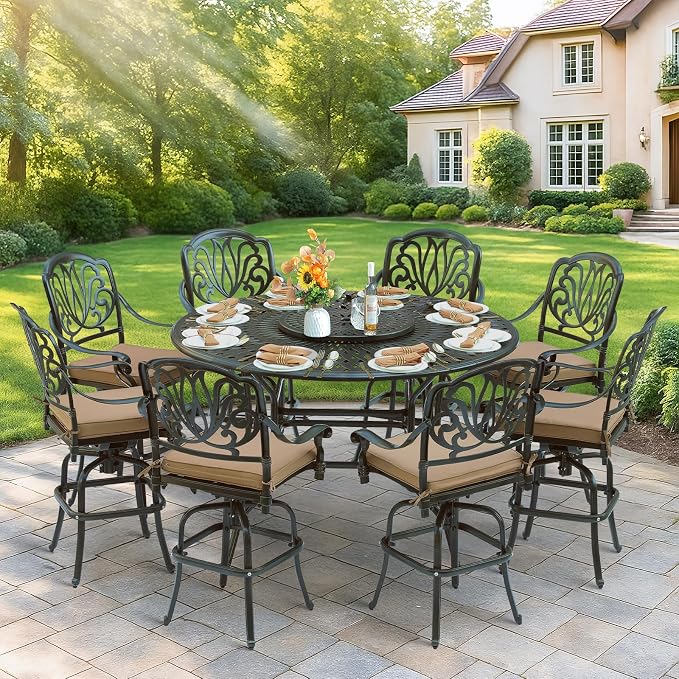 MEETWARM 61" Outdoor High Bar Dining Table for 8 Person, All Weather Cast Aluminum Large Round High Top Dining Table with 24" Lazy Susan, Patio Bar Height Table for Garden Backyard, 2" Umbrella Hole