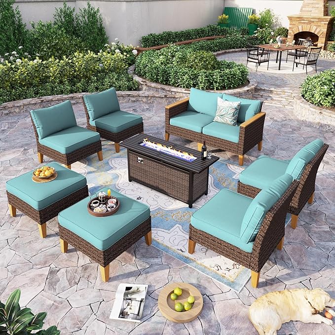 Sophia & William Patio Furniture Set with Fire Pit Table, 9 Piece Outdoor Wicker Furniture Sectional Sofa, Large Patio Rattan Conversation Set with Ottoman & 56" Fire Pit Table(Aqua Blue)