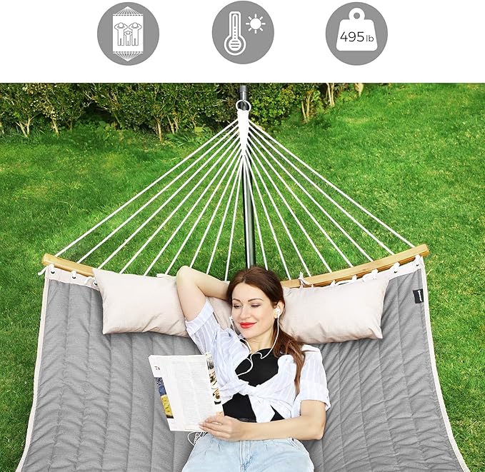 SONGMICS Hammock, Quilted Hammock with Curved Bamboo Spreaders, Pillow, 78.7 x 55.1 Inches, Portable Padded Hammock Holds up to 495 lb, Gray and Beige UGDC34CG