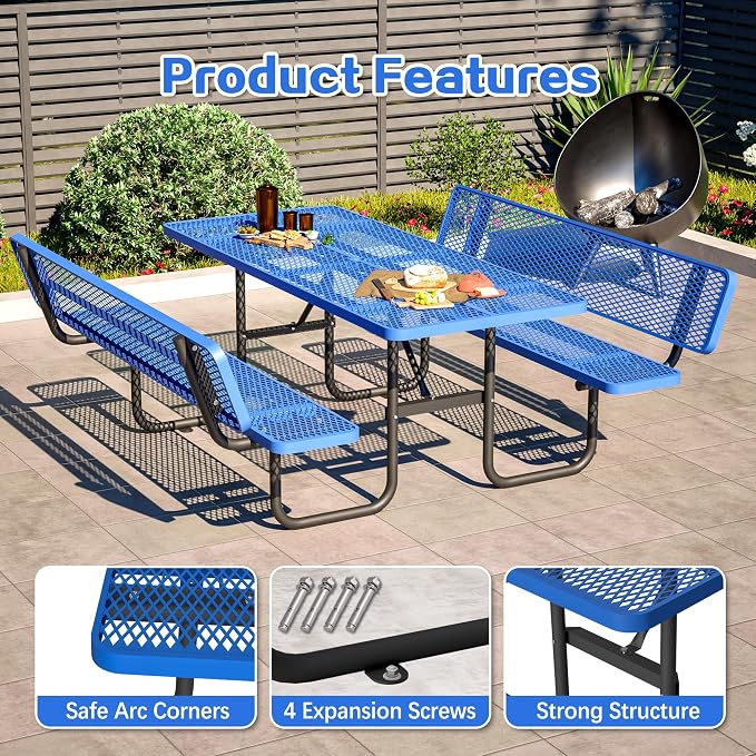 Outdoor Picnic Table with Umbrella Hole-Coated Steel Heavy Duty Commercial Grade Dining Table with Back Seat,Commercial Metal Picnic Table, Heavy Duty Rectangular Furniture Set for Life