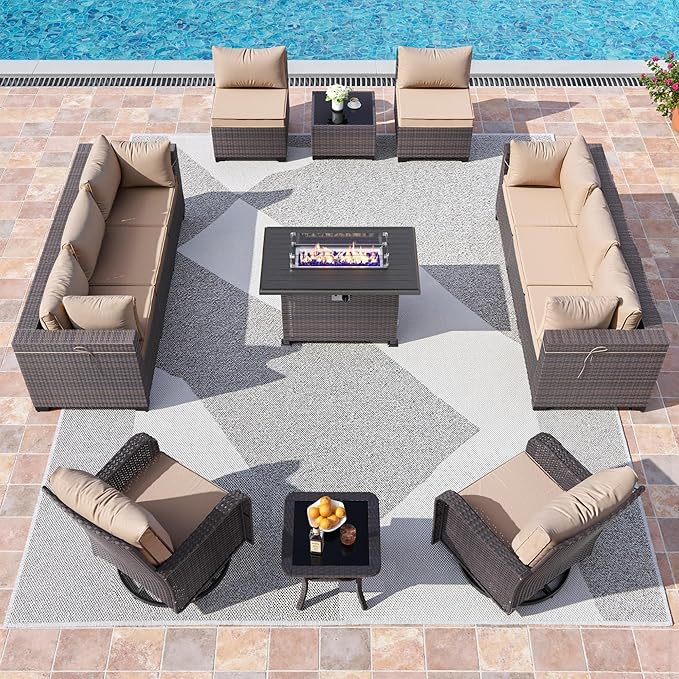 13 Pieces Outdoor Patio Furniture Set,Outdoor Sectional Furniture with 43" 55000 BTU Gas Propane Fire Pit Table,PE Rattan Wicker Patio Conversation Set,Swivel Rocking Chairs Set,Sand