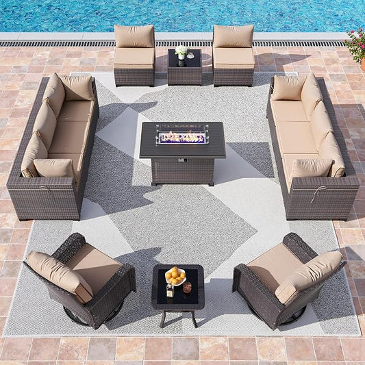 13 Pieces Outdoor Patio Furniture Set,Outdoor Sectional Furniture with 43" 55000 BTU Gas Propane Fire Pit Table,PE Rattan Wicker Patio Conversation Set,Swivel Rocking Chairs Set,Sand