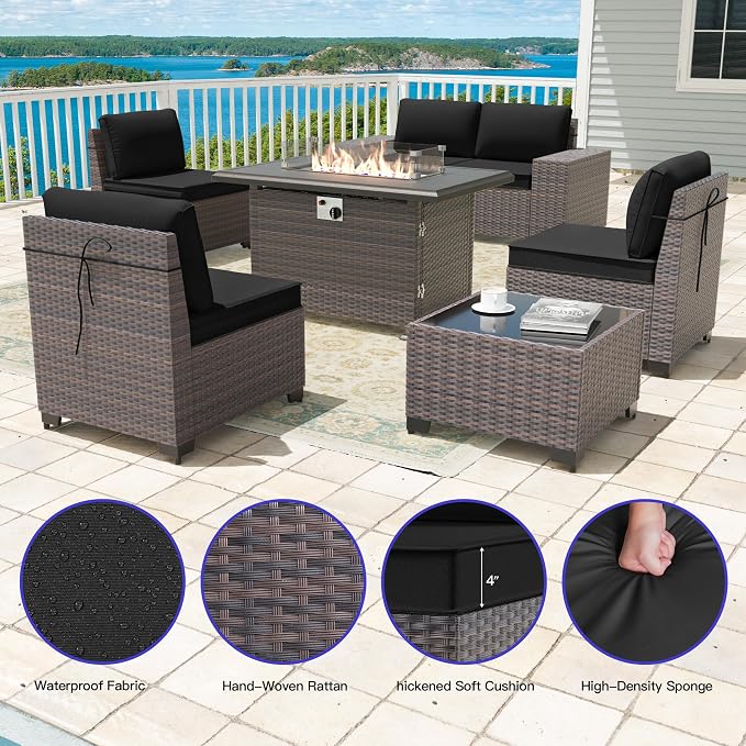 7 Pieces Outdoor Patio Furniture Set with 43"/55000BTU Gas Fire Pit Table,PE Rattan Wicker Outdoor Conversation Sofa Set Non-Slip Cushions Waterproof Covers for Backyard,Poolside,Garden,Black