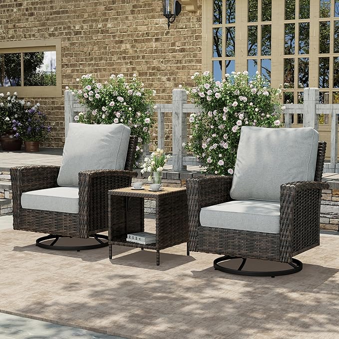 HERA'S HOUSE 3-Piece Outdoor Patio Furniture, High Back Swivel Chairs Set of 2 with Rattan Table, Brown Wicker Conversation Bistro Set with 5.5” Thick Cushion for Deck Porch Balcony Garden Lawn, Gray
