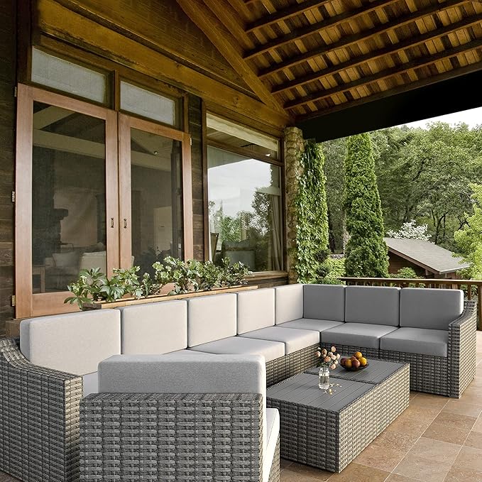 HAPPATIO 10 Piece Patio Conversation Set, Patio Furniture Set with Multiple Configuration Options,Rattan Wicker Outdoor Sectional Sofa. Easy Setup. (Gray/Beige)
