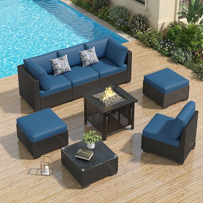 U-MAX 7 Piece Outdoor Patio Furniture Set with 30 Inch Fire Pit Table, PE Rattan Wicker Sofa Set, Outdoor Sectional Furniture Chair Set with Cushions and Tea Table, Black Rattan&Dark Blue Cushion