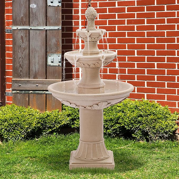TITIMO 48" High Italian Feature Freestanding Water Fountain Outdoor and Indoor,3-Tier Roman Pillar Waterfalls Fountains for Garden,Patio,Yard,Deck,Backyard,Porch (Natural Tan)