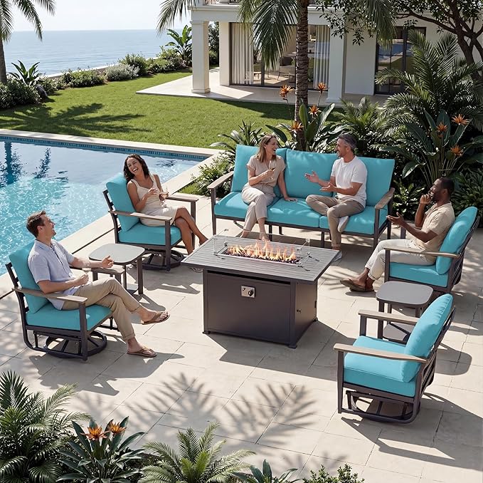 7-Seat Outdoor Patio Furniture Set with Rocking Swivel Chairs, Aluminum Sectional Sofa Patio Conversation Set with 55,000 BTU Fire Pit Table & High Backrest & Thickened Cushions, Turquoise