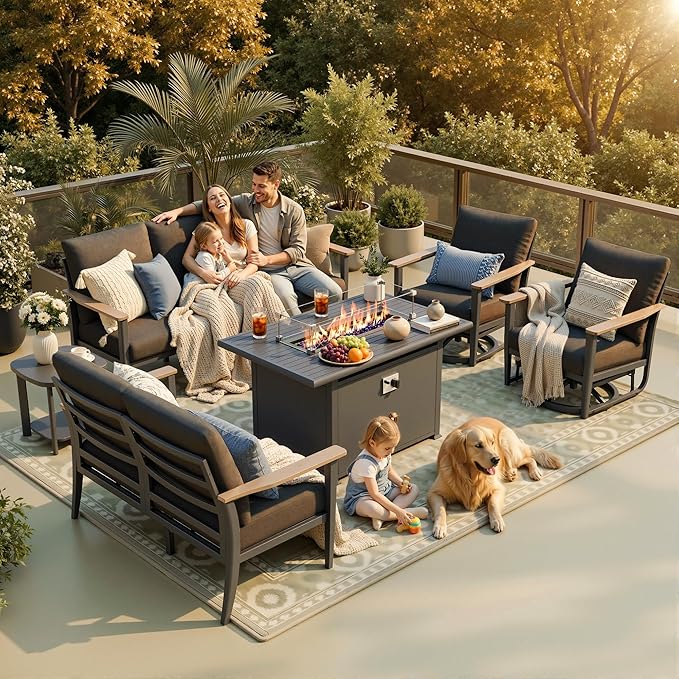 7-Seat Outdoor Patio Furniture Set with Rocking Swivel Chair, Aluminum Sectional Sofa Patio Conversation Set with 55,000 BTU Fire Pit Table & High Backrest & Thickened Cushions, Dark Grey
