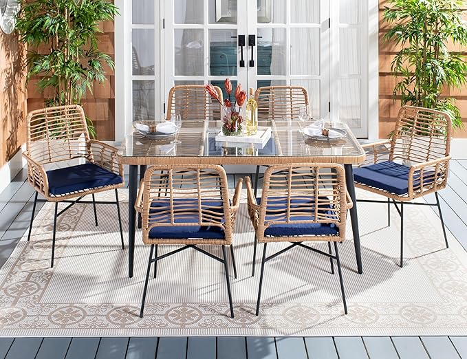 SAFAVIEH Outdoor Collection Beson Brown/Navy 7-Piece Dining Set PAT9010B-3BX