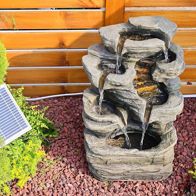 Bumilgar 6 Tier Cascading Rock Solar Water Fountain Outdoor Garden Waterfall Decor for Garden, Patio, Backyard, Deck, Porch and Home Art Decor,24.4" H Outdoor Fountain with LED Lights